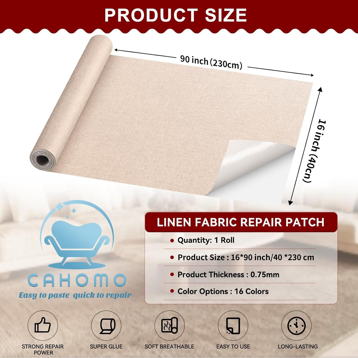 Linen Repair Tape 16x90 inch, Self Adhesive Fabric Patches, Linen Patch Tape Kit, Fabric Repair Tape for Couch Sofas, Headboards, Chairs, Pillows, Curtains, Couches - Beige