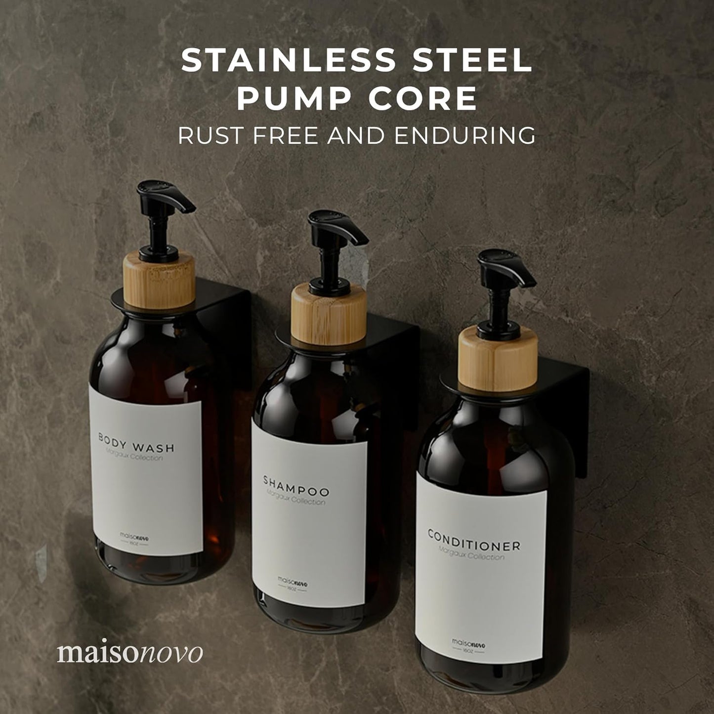MaisoNovo Shampoo and Conditioner Dispenser - Shower Soap Dispenser Wall Mounted - 16.9 fl oz Set of 3 Amber Plastic Bottles Black Bamboo Pump - Shampoo Dispenser, Shower Dispenser 3 Chamber No Drill