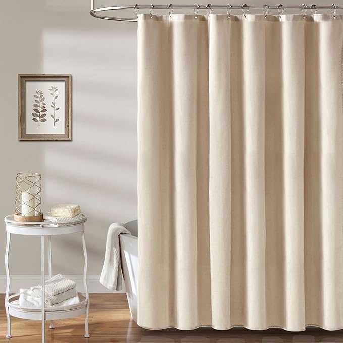 BTTN Clawfoot Tub Shower Curtain - 180 x 72 Extra Wide Linen Textured Weighted Fabric Shower Curtain Set with 32 Hooks, Large Hotel Simple Neutral Polyester Shower Curtains for Bathroom - Cream/Beige