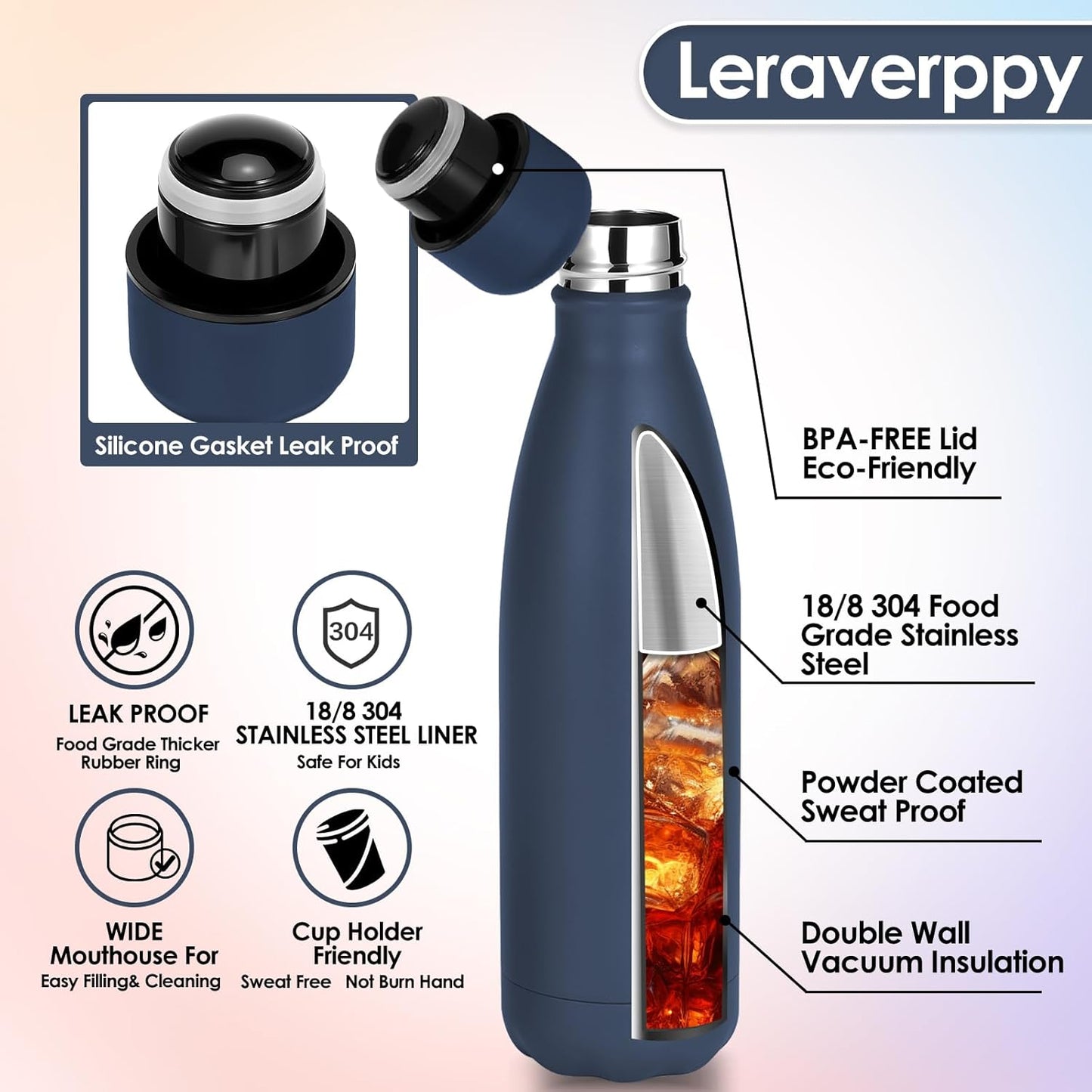 25oz Cola-Bottle Shaped Stainless Steel Leak-proof Water Bottle,Double Wall Vacuum Insulated Metal,Travel Mug For Sports Indoors & Outdoors,BPA-Free School Kids Flasks,Navy(2 Pack)