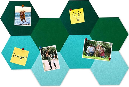 8Pcs Hexagon Felt Cork Board Tiles, Self Adhesive DIY Bulletin Board Pin Board for Office School Home Wall Decor Stickers Memos Photos Display (Gradual Green)