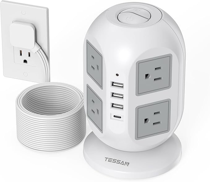 Tower Surge Protector Power Strip 15 ft, TESSAN Long Flat Extension Cord with Multiple Outlets, 8 AC Outlets with 4 USB Ports (1 USB C), Charging Station with Surge Protection, for Home Office Dorm