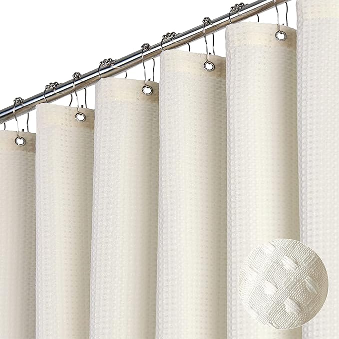 Dynamene Extra Long Shower Curtains - Waffle Fabric 90 Inches Long Heavy Duty Cloth Shower Curtains for Bathroom, 256GSM Tall Hotel Luxury Shower Curtain Set with 12 Plastic Hook, 72x90, Cream/Ivory