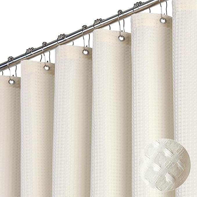 Dynamene Stall Fabric Shower Curtain， 54x78 inch Long Waffle Weave Weighted Thick Cloth Shower Curtains for Bathroom,Neutral Heavy Duty Hotel Spa Luxury Bath Curtain Set with 10 Plastic Hooks,Ivory