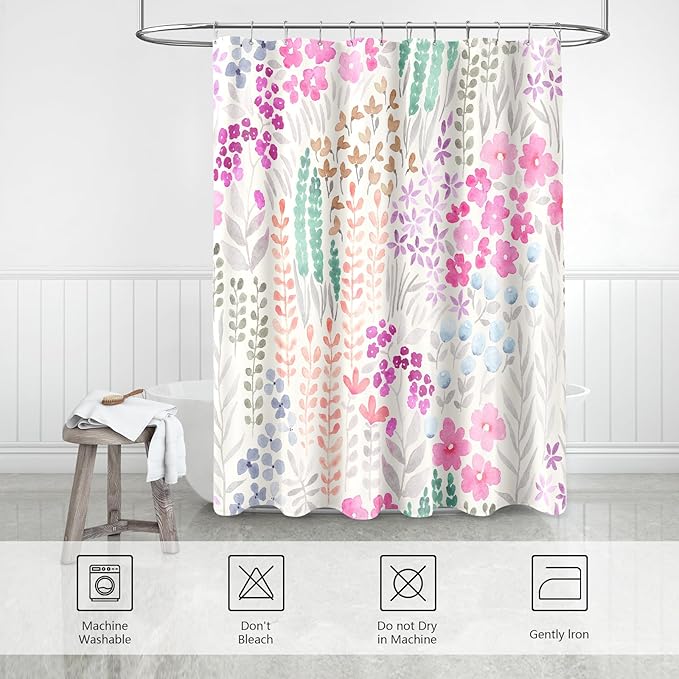 Extra Long Shower Curtain 72 x 84 Inch, Tall Cute Floral Shower Curtain for Bathroom, Hot Pink Wildflower Boho Cottagecore Fabric Shower Curtain Set with Hooks