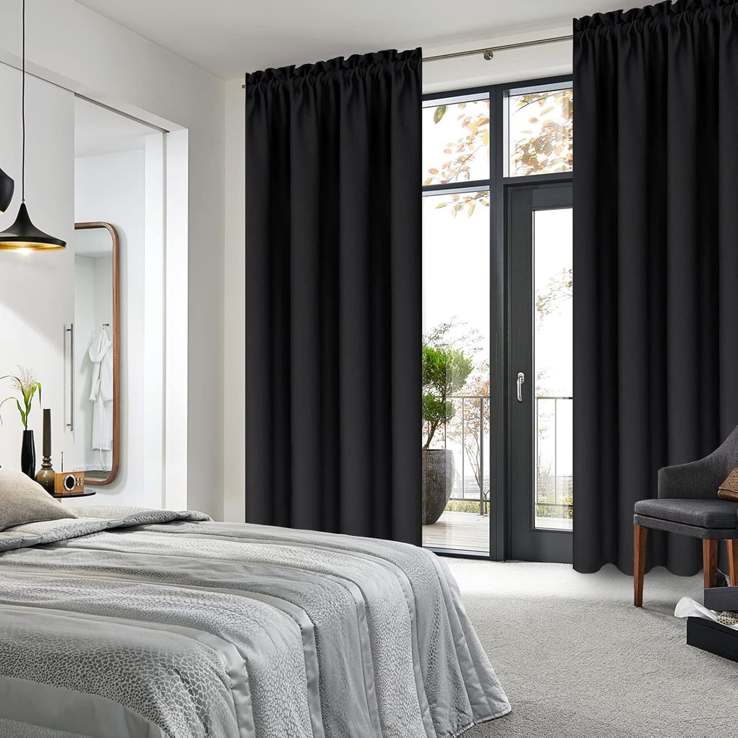 DWCN Blackout Curtains for Bedroom - Thermal Insulated Privacy Energy Saving Rod Pocket Drapes for Living Room, W 38 x L 72 Inch, Black, Set of 2