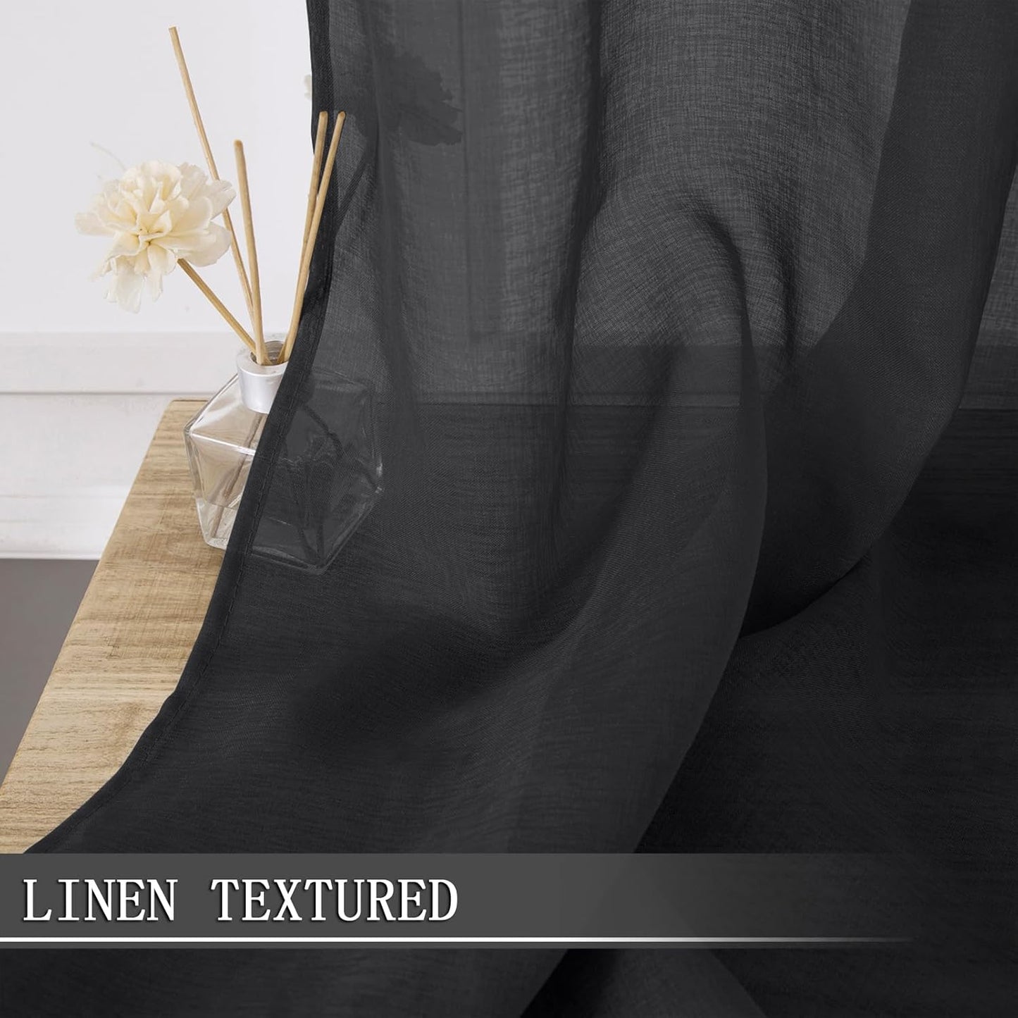 Tollpiz Short Sheer Curtains Living Room Linen Textured Curtain Sheers Light Filtering Voile Rod Pocket Curtains for Bedroom, 38 x 45 inches Long, Black, Set of 2 Panels
