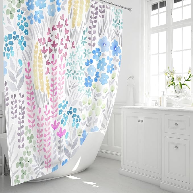 Blue Floral Shower Curtain, Pink Yellow Boho Flower Fabric Shower Curtains, Cute Funky Watercolor Wildflower Shower Curtain Set, Cottagecore Bohemian Bathroom Decor, 72x72