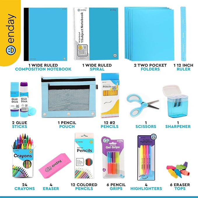 Enday Back to School Supplies for Kids, Blue School Supply Box Grades K-5, Premium Quality Kids School Supplies Kit, Kindergarten School Supplies for Girls and Boys, 78 Piece Set