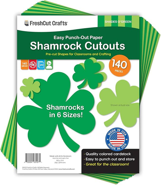FreshCut Crafts 140 Piece Shamrock Cutouts Set: Pre-Cut Green Irish Clover Shapes for School Supplies, Decorating Themed Events Bulletin Board & St. Patrick's Day Decor, US Made Quality Card Stock