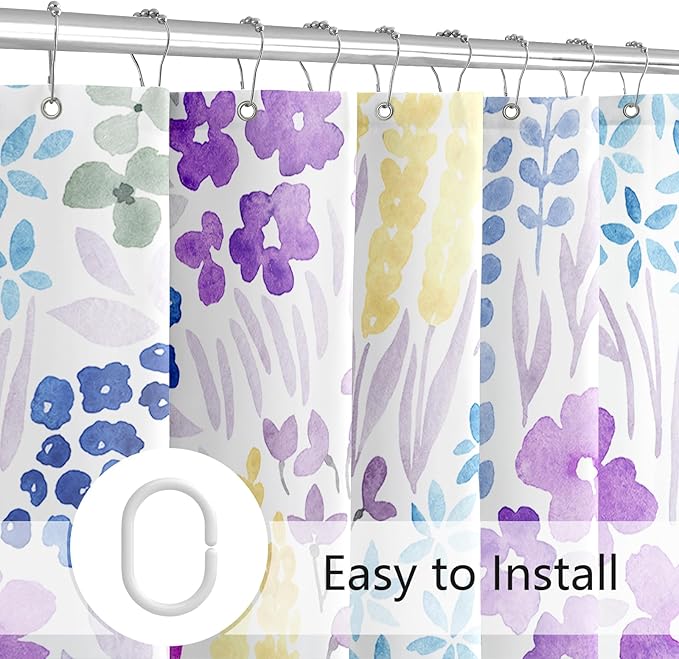 Lavender Purple Floral Shower Curtain 60x72, Colorful Boho Flower Fabric Shower Curtain, Cute Funky Watercolor Wildflower Shower Curtain Set, Cottagecore Bohemian Bathroom Decor