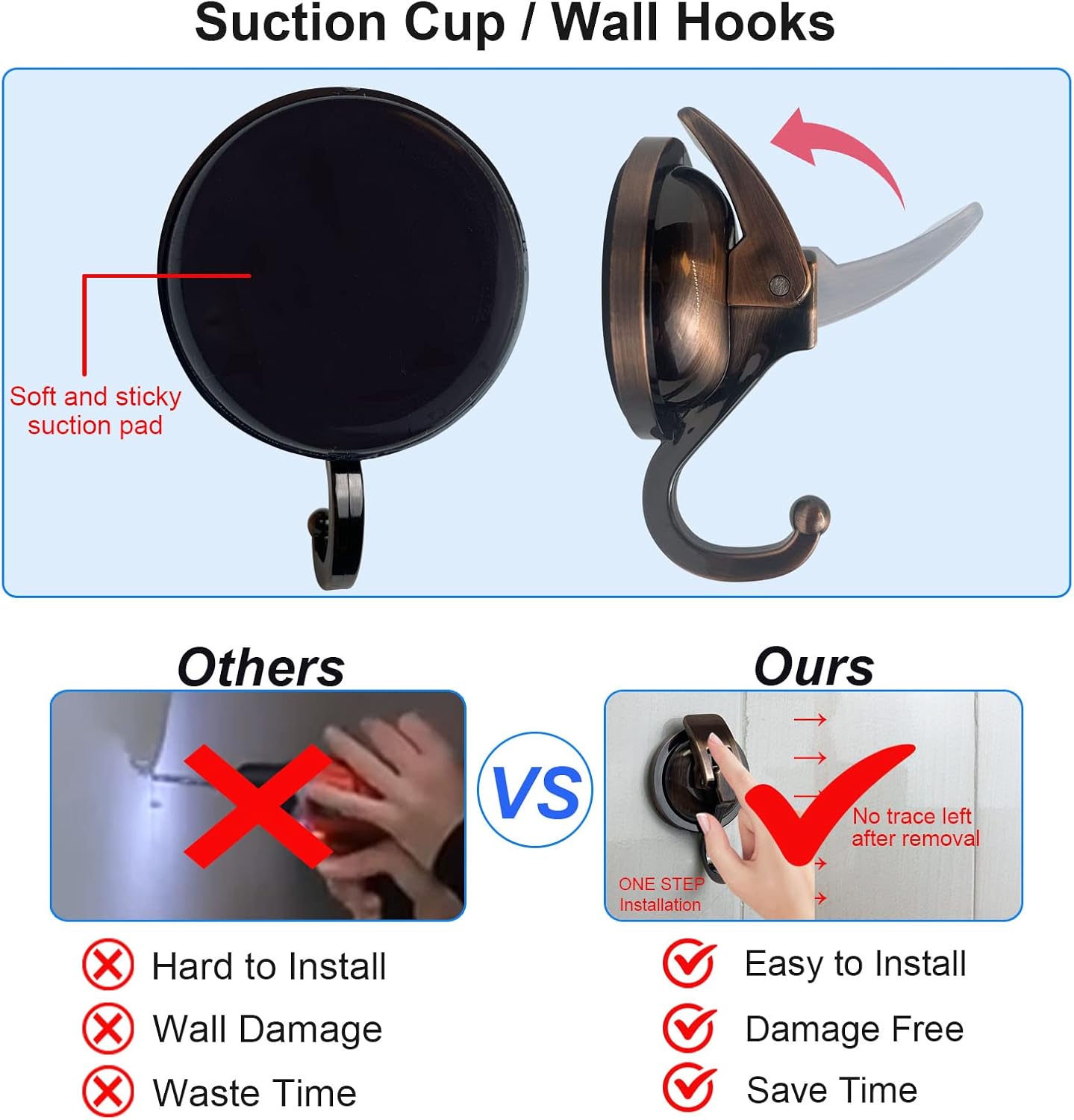 Heavy Duty Vacuum Suction Shower Hooks - Glass Suction Cup Hooks, for Bathroom Robe or Garland Decoration (Antique Brass, 6 Pack)
