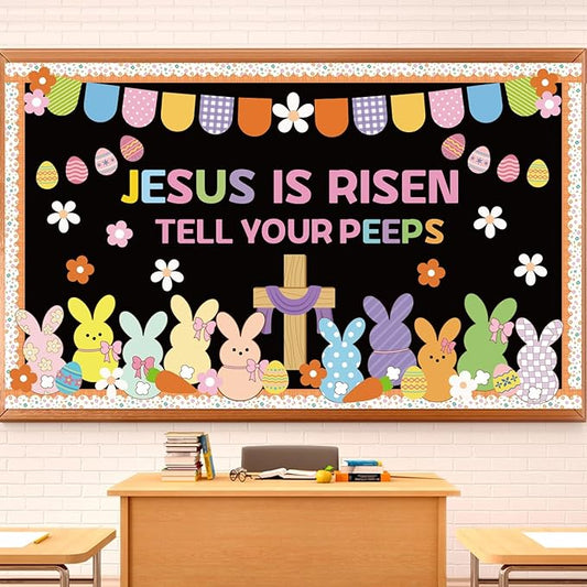 Easter Peeps Bulletin Board Decorations Set 75Pcs Jesus is Risen Cross Christian Easter Classroom Decor with Border Candy Bunny Peeps Eggs Cutout for Chalkboard Wall Door Religious Church Home Office