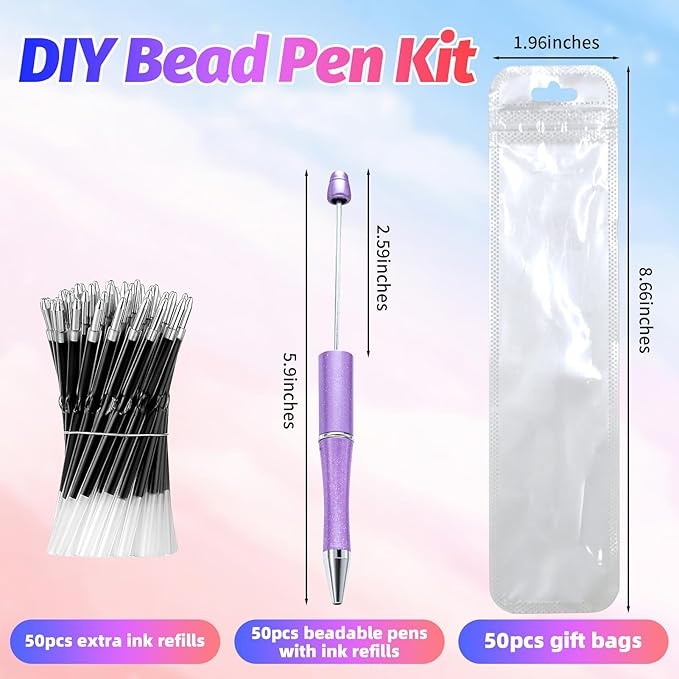 150 Pieces DIY Beadable Pen Kit – 50 Plastic Ballpoint Pens with Refills & Bags – School Supplies, Office Accessories & Decorative Items for Students & Teachers (Dreamy Soft Palette)