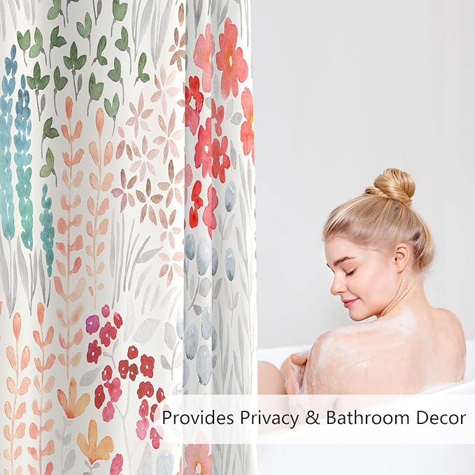 Small Stall Shower Curtain 36 x 72 Inch, Half Narrow Cute Floral Shower Curtain for Bathroom, Retro Red Teal Wildflower Boho Cottagecore Fabric Shower Curtain Set with Hooks