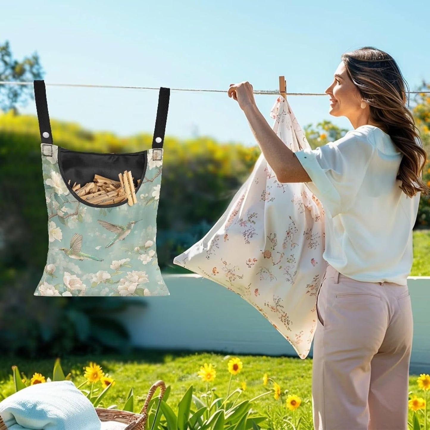 Clothespin Bag with Large Capacity for Mini and Wooden Clothespins with Large Opening Storage Organizer Laundry Hanging Bag - Hummingbird Flower Print