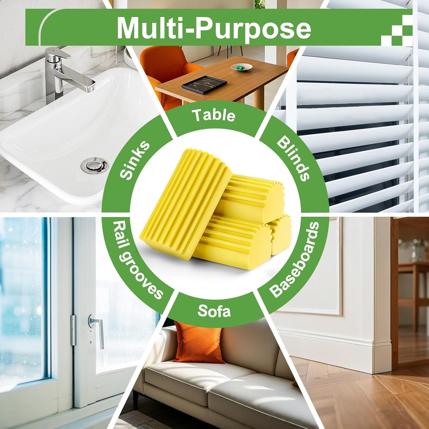 4-Pack Damp Clean Duster Sponge Brush for Cleaning Blinds, Glass, Baseboards, Vents, Railings, Mirrors, Window Track Grooves and Faucets (Yellow)