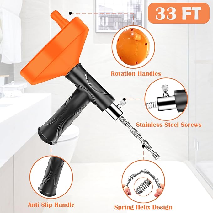 Drain Snake Auger, Plumbing Snake Drain Hair Clog Removal Tool, Heavy Duty Toilet Snake Auger, Sink Unclogger Drain Cleaner Tool for Bathroom Kitchen Tub Shower Drain Clog Remover with Gloves（33 Feet）