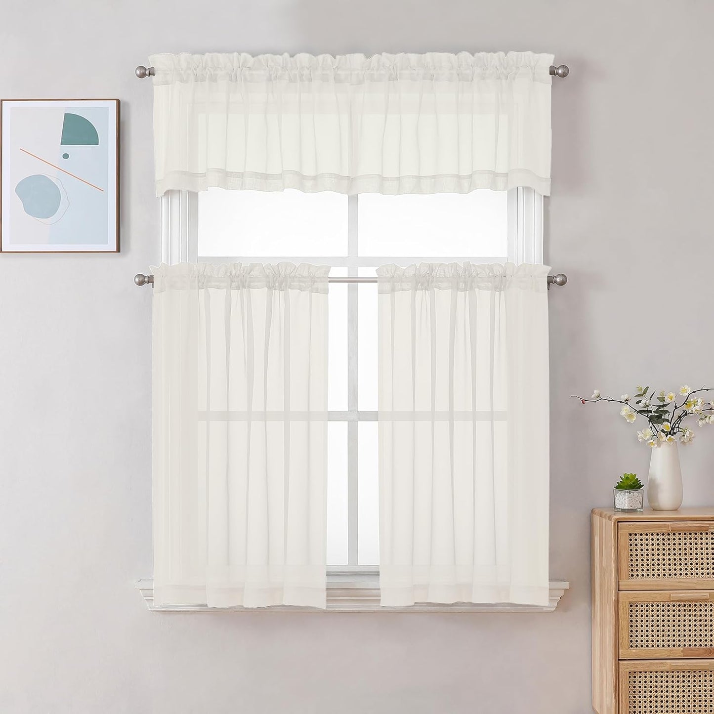 Chyhomenyc Ivory Sheer Curtains 30 inch Length 2 Panels, Light Filtering Voile Rod Pocket Short Window Curtians for Bathroom Living Room Farmhouse Small Windows, 42Wx30L inches