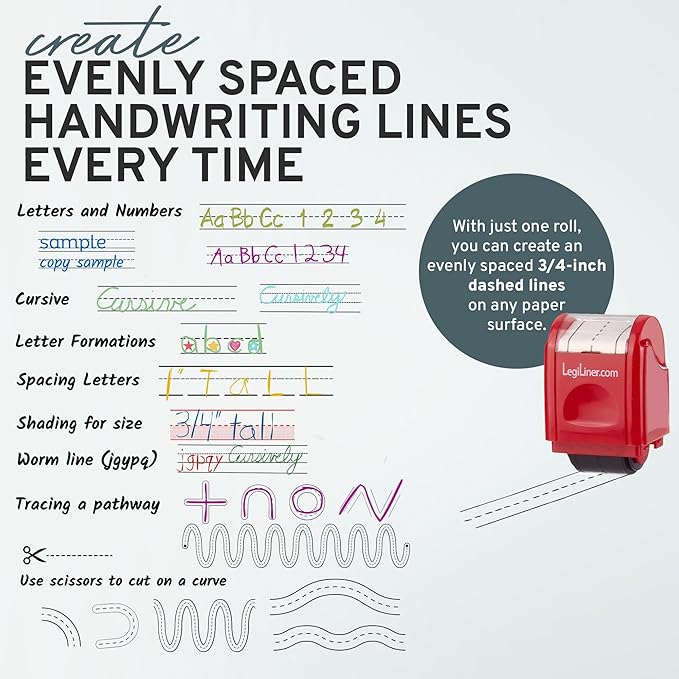 LEGILINER 3/4" Dashed Handwriting Line (RED) Teacher Stamp – Tri-Line Dashed Pattern. Classroom & Home Use. Refillable Ink Writing Practice Roller Stamp.