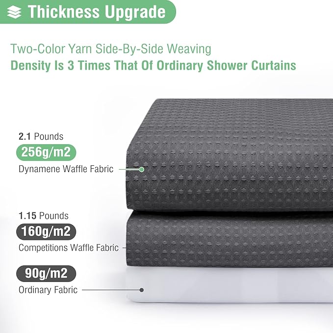 Dynamene Extra Long Shower Curtain - 84 Inch Long Charcoal Grey Waffle Weave Heavy Duty Fabric Bathroom Shower Curtain, Neutral Weighted Hotel Thick Bath Curtain Set with 12 Plastic Hooks,72x84