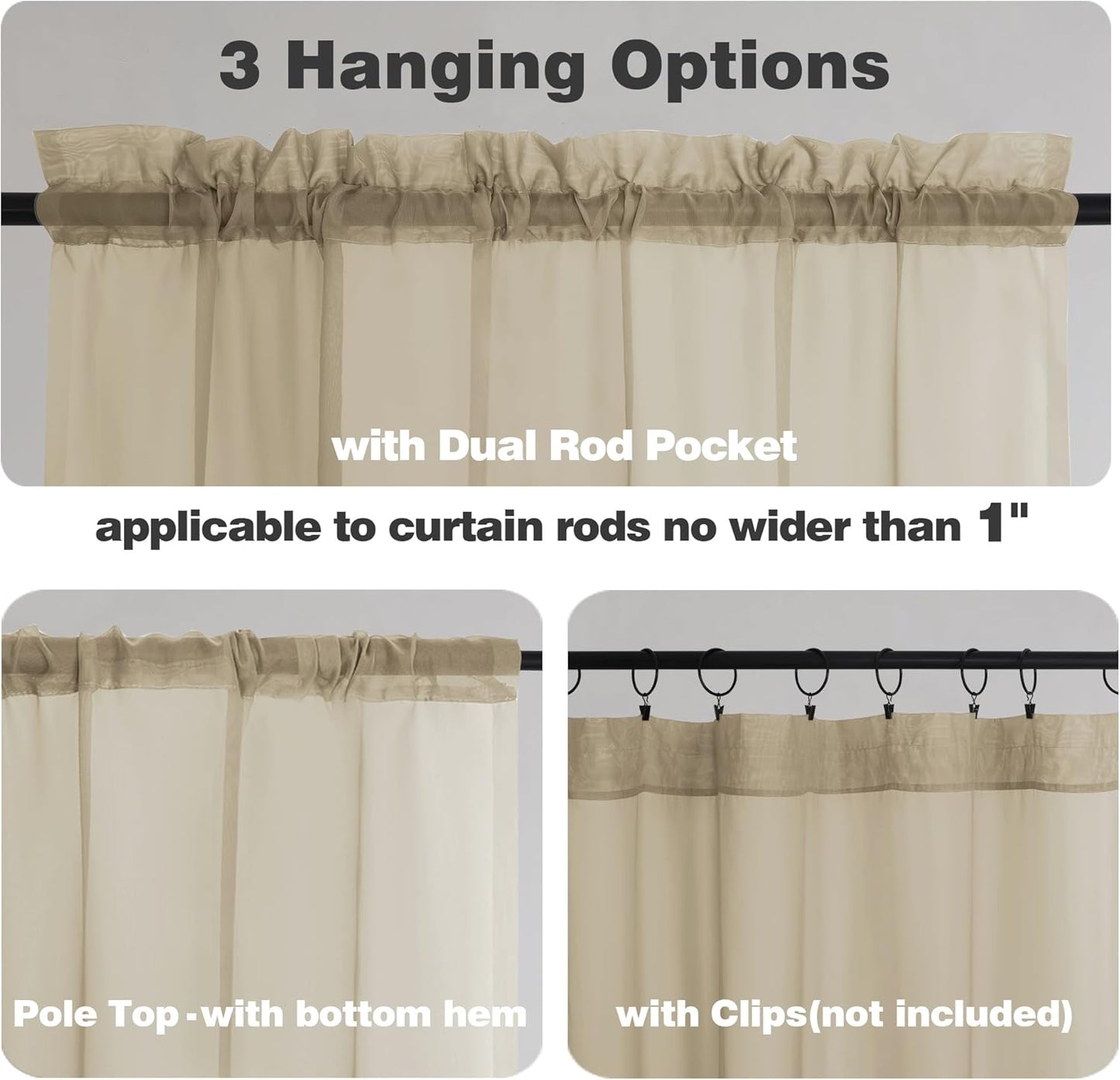 Chyhomenyc Taupe Sheer Curtains 72 Inch Length 2 Panels, Light Filtering Soft Airy Rod Pocket Voile Window Curtain Drapes for French Door Bedroom Living Room, Each 42Wx72L Inches