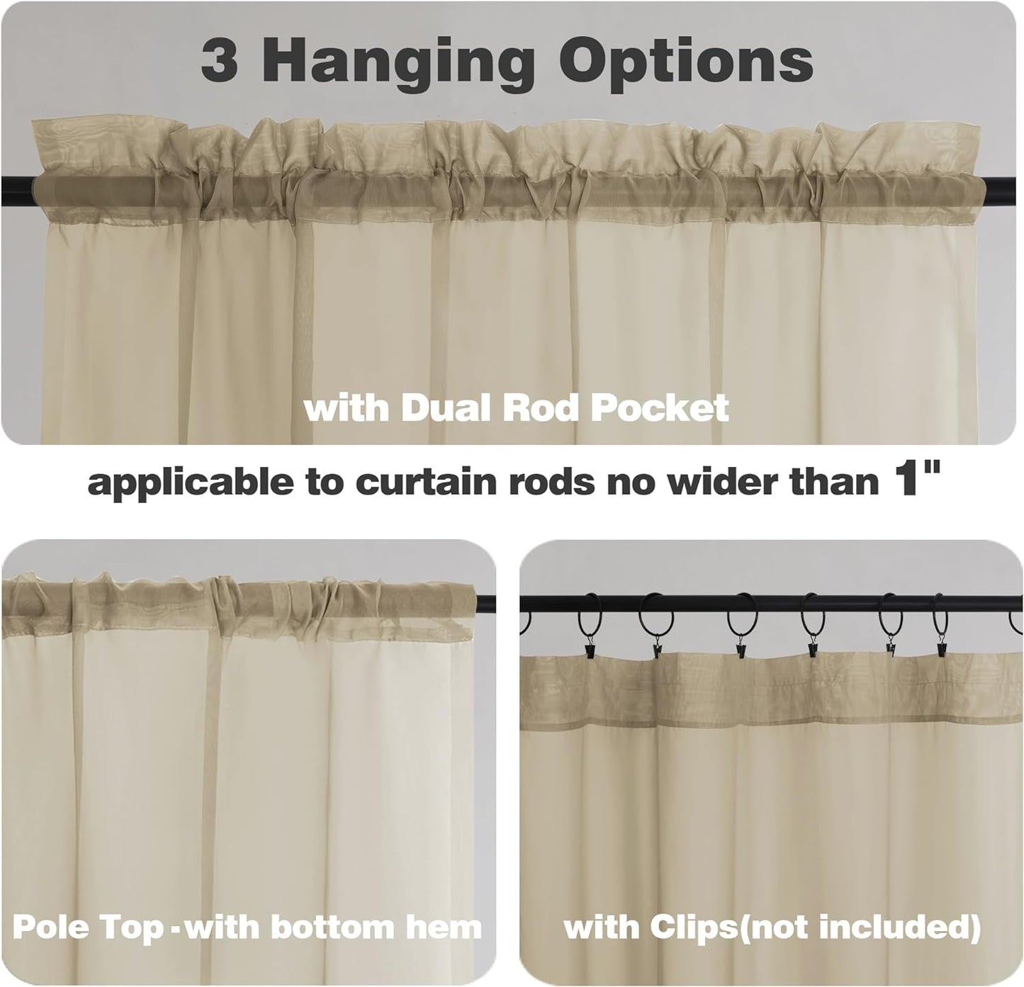 Chyhomenyc Taupe Sheer Curtains 54 Inch Long 2 Panels, Light Filtering Rod Pocket Voile Short Curtains Drapes for Living Room Bedroom Small Windows, 42Wx45L Inches
