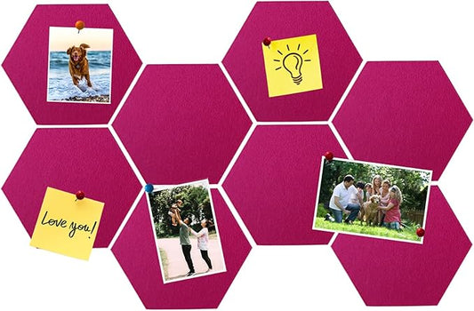 8 Pcs Hexagon Felt Cork Bulletin Board Tiles, Self Adhesive DIY Bulletin Board Pin Board for Office School Home Wall Decor Memos Photos Display(Rose Red)