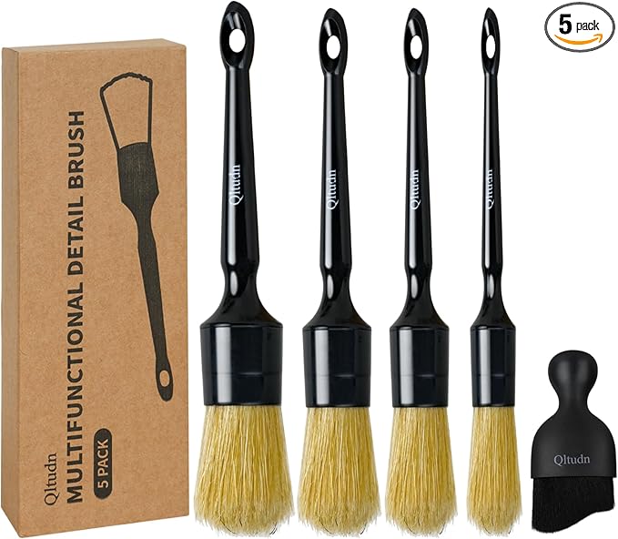 5PCS Car Detailing Brush Set,Ultra Soft Boars hair Detailing Brush,4 PCS Premium Natural Boars Bristles+1 PC Interior Dust Brush,for Cleaning Car Interior Dashboard Leather Seat Air Vents wheel