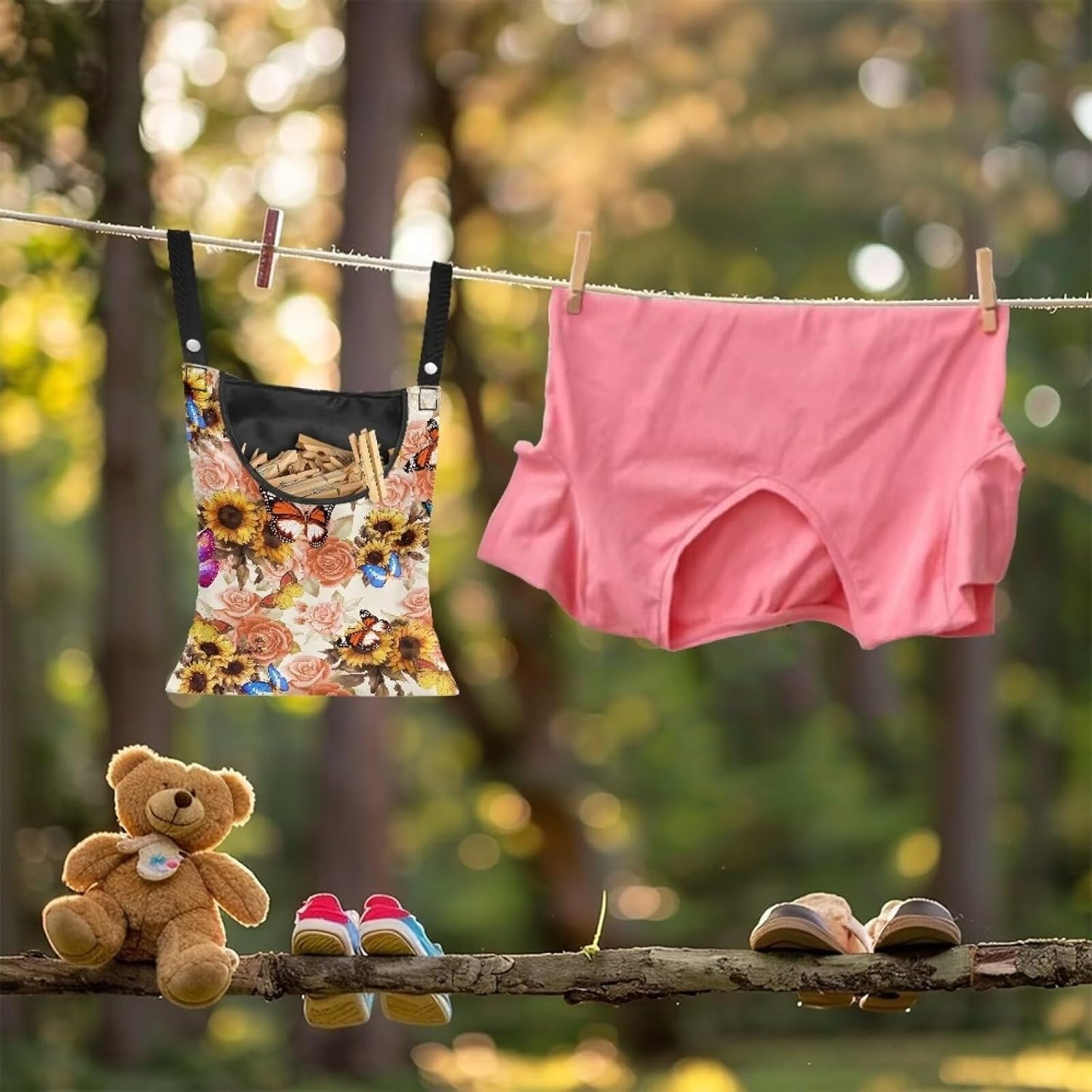 Butterfly Clothespin Bag with Hanging Sunflowers Rose Hook Waterproof Clothes Pin Hanging Bag Space-Saving Clothespin Storage Organize Clothespin Bag for Clothesline Outdoor