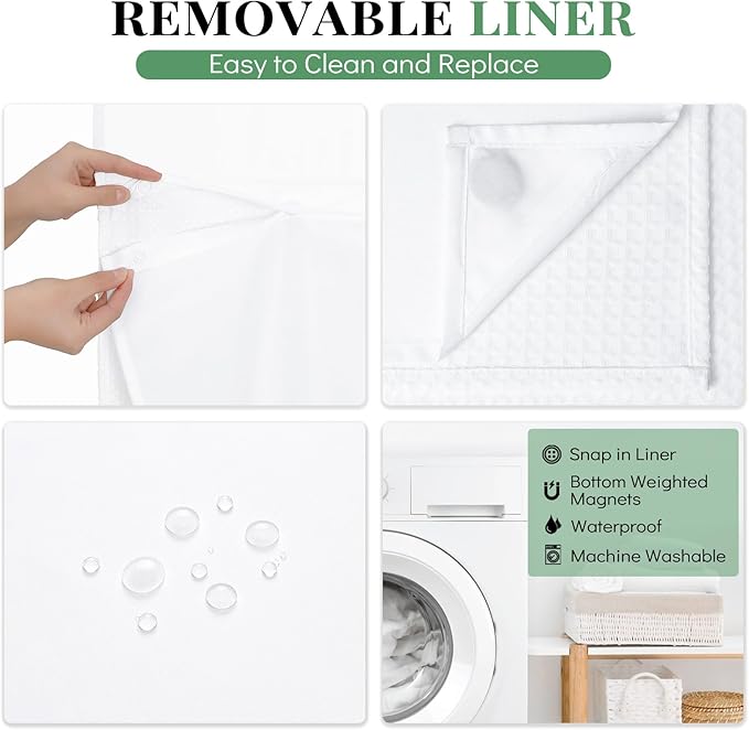 Dynamene Extra Long Shower Curtain, 84 Inch Long Waffle Fabric Shower Curtain for Bathroom, Tall Waterproof Cloth Shower Curtain Liner Set with Hook, Snap in Liner, Mesh Top Window, White, 72x84