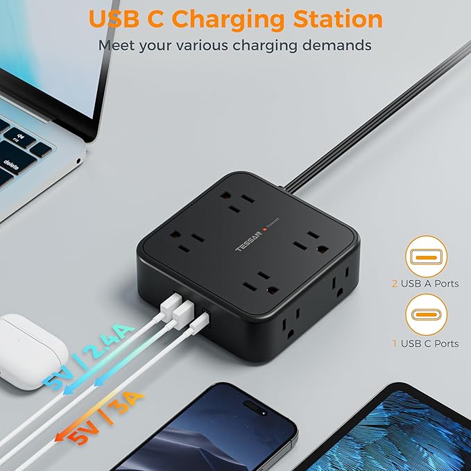 Long Extension Cord 25 FT, TESSAN Ultra Thin Flat Plug Power Strip Surge Protector with 8 AC Outlets, 3 USB Charger(1 USB C), 900J Protection Black Charging Station for Home, Office, Dorm Essentials