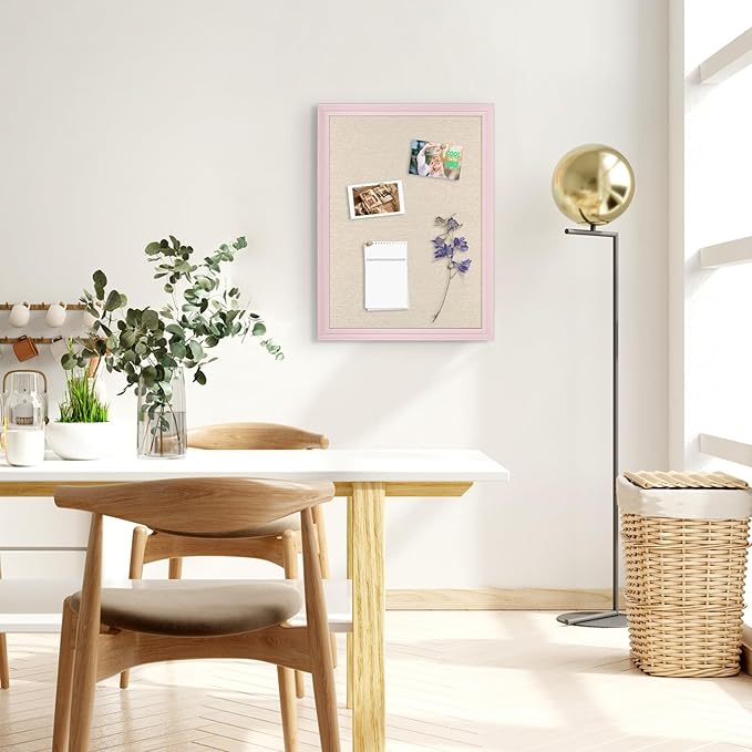 Large Cork Board with Linen, 24" x 18" Hanging Pink Wood Framed Bulletin Board, Picture Display Vision Board Corkboards for Wall Room School Office Decor, 10 Pushpins, 1 Pack