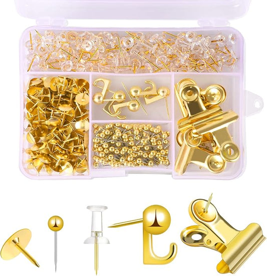 310 Pcs Gold Push Pins Set Thumb Tacks Decorative Push Pins for Cork Board with Push Pin Hook Pushpin Clip 5 Style Office Accessories for Cork Board Map Office (Gold)