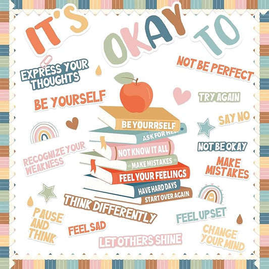 Boho Motivational Bulletin Board Set Welcome Back to School Inspirational Positive Affirmations Accents Cutouts It's OK to Mental Health Posters for School Office Home Classroom Decoration Supply