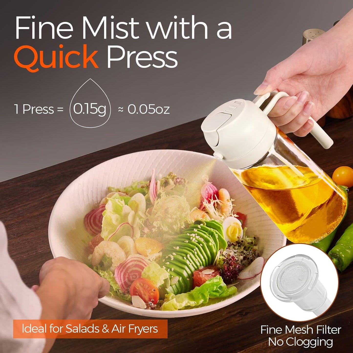 YARRAMATE 2Pcs 16oz/470ml 2 in 1 Oil Sprayer for Cooking with Stickers, Food-grade Glass Oil Spray Bottle, Oil Dispenser and Oil Sprayer for Kitchen, Salad, Frying, BBQ (White & Orange)