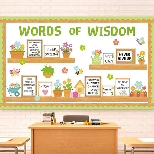 Spring Flower Bulletin Board Decorations Set Inspirational Bookshelf Classroom Decorations March April Floral Cutout Words of Wisdom Bulletin Decor with Border for Wall Door Library Home Office School