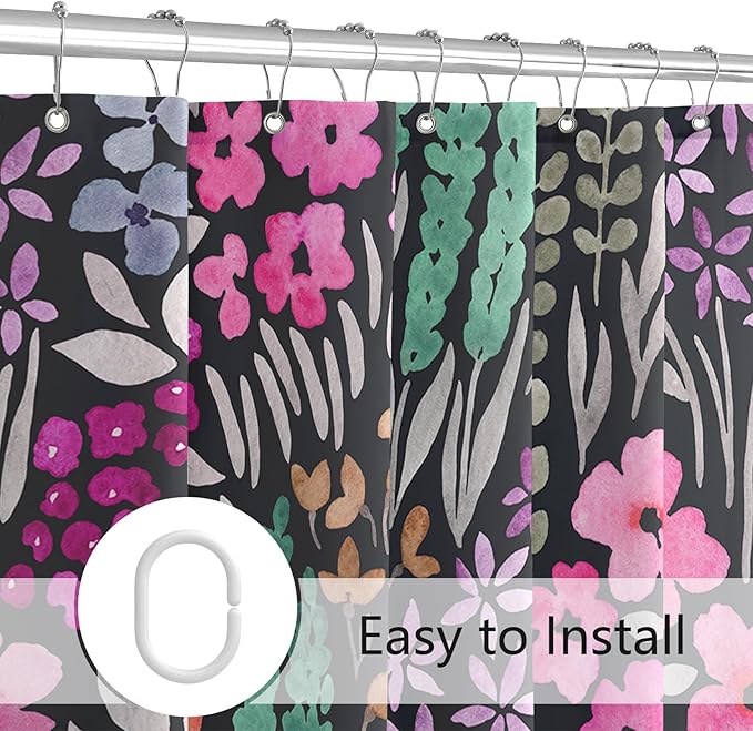 Black Pink Floral Shower Curtain, Hot Pink Boho Flower Fabric Shower Curtain, Cute Funky Watercolor Wildflower Shower Curtain Set, Cottagecore Bohemian Bathroom Decor, 72x72