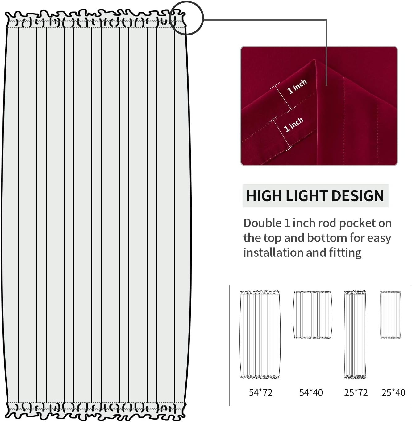 DWCN French Door Curtains – Rod Pocket Thermal Blackout Curtain for Doors with Glass Window, Christmas, Kitchen and Patio Doors for Privacy, 54 X 40 Inch, 1 Curtain Panel with Tieback, Burgundy