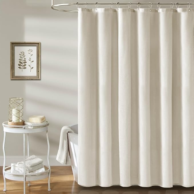 BTTN 84 Inch Wide Shower Curtain - W84xH72 Linen Textured Heavy Duty Fabric Shower Curtain Set with 14 Plastic Hooks, Large Hotel Simple Waterproof Polyester Bath Curtains for Bathroom - Light Cream