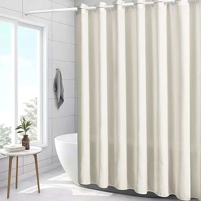 Extra Wide No Hook Shower Curtain,96 Inch Width Beige Fabric Shower Curtains with 12 Plastic Built-in Hooks,Waterproof & Machine Washable Hotel Style for Bathroom,96x72 Inch