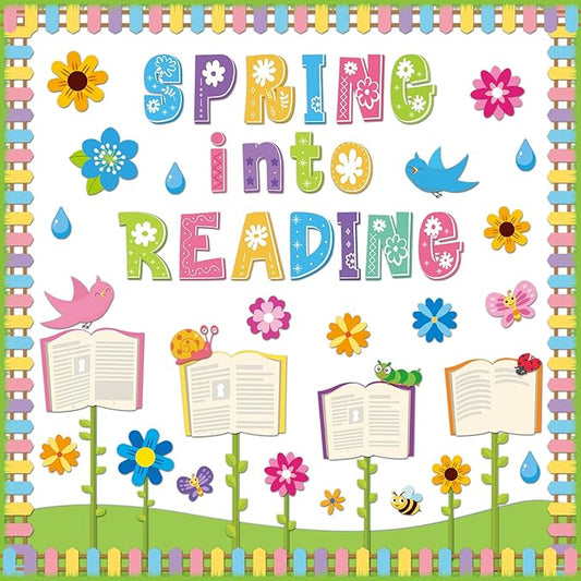 gisgfim Spring Reading Bulletin Board Decorations Set Classroom Spring Into Reading Bulletin Board Butterflies Flowers Cutouts Bulletin Board Borders Decor for School Library Chalkboard Wall(Spring)