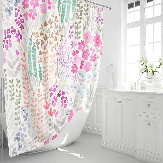 Small Stall Shower Curtain 36 x 72 Inch, Half Narrow Cute Floral Shower Curtain for Bathroom, Hot Pink Wildflower Boho Cottagecore Fabric Shower Curtain Set with Hooks