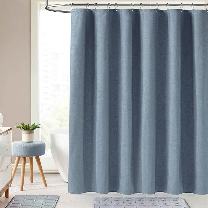 BTTN Fabric Shower Curtain, Linen Textured Heavy Duty Polyester Cloth Shower Curtain Set with Plastic Hooks, Blue Grey, 60x72