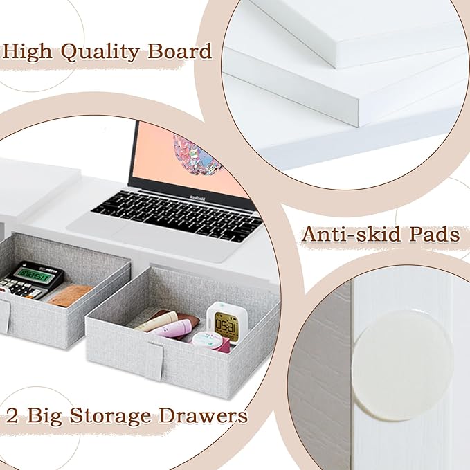 TEAMIX Dual Monitor Stand Riser - Length and Angle Adjustable White Monitor Stand with 2 Drawers to Storage Large Computer Riser for 2 Monitors/Laptop/PC, Wood Screen/TV Stand Desk Organizer (White)