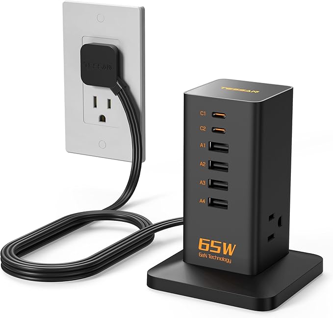 USB Charging Station for Multiple Devices PD 65W, TESSAN 9-in-1 USB C Charger Block for iPhone 17/16/15, MacBook, Tablet, Type C Desktop Charger with 3 AC, Home Travel Office Accessories