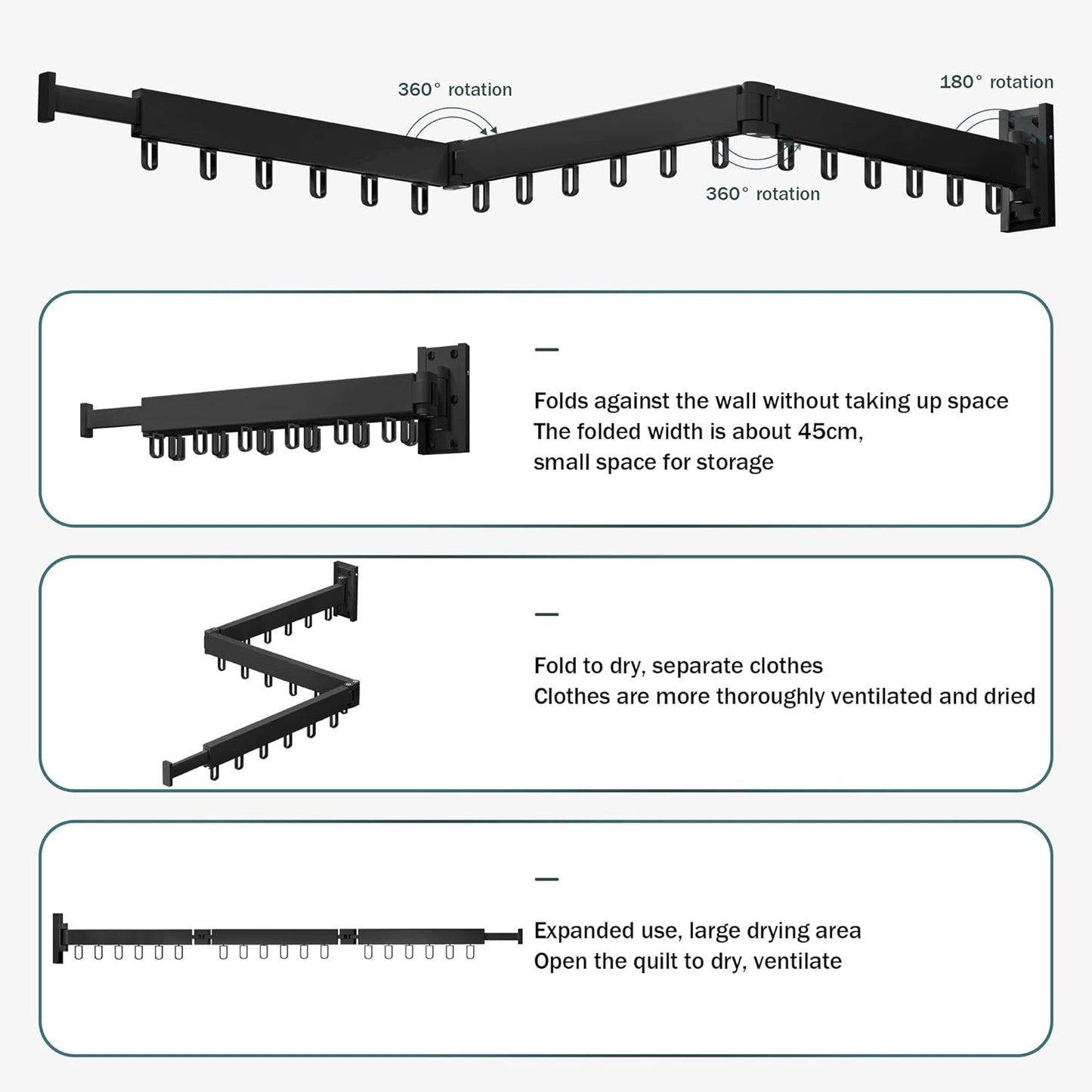 Clothes Drying Rack,Laundry Drying Rack,Clothes Rack Wall Mount,Wall Mounted Clothes Hanger Rack,Laundry Rack Folding,Retractable Clothing Rack,Collapsible Clothes Hanging Rack(Loop,Black)