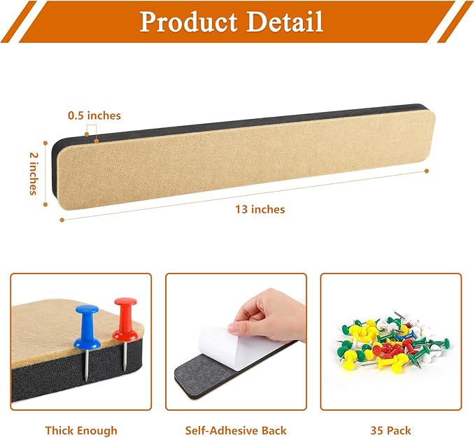 8Pcs Rectangle Felt Cork Board Bar Strips with 35 Pushpins, Self-Adhesive Bulletin Board Strips for Office School Home Wall Decor Stickers Memos Schedules Photos Display -Gradual Grey& Camel