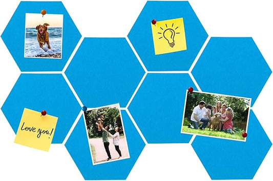 8 Pcs Hexagon Felt Cork Bulletin Board Tiles, Self Adhesive DIY Bulletin Board Pin Board for Office School Home Wall Decor Memos Photos Display(Bright Blue)
