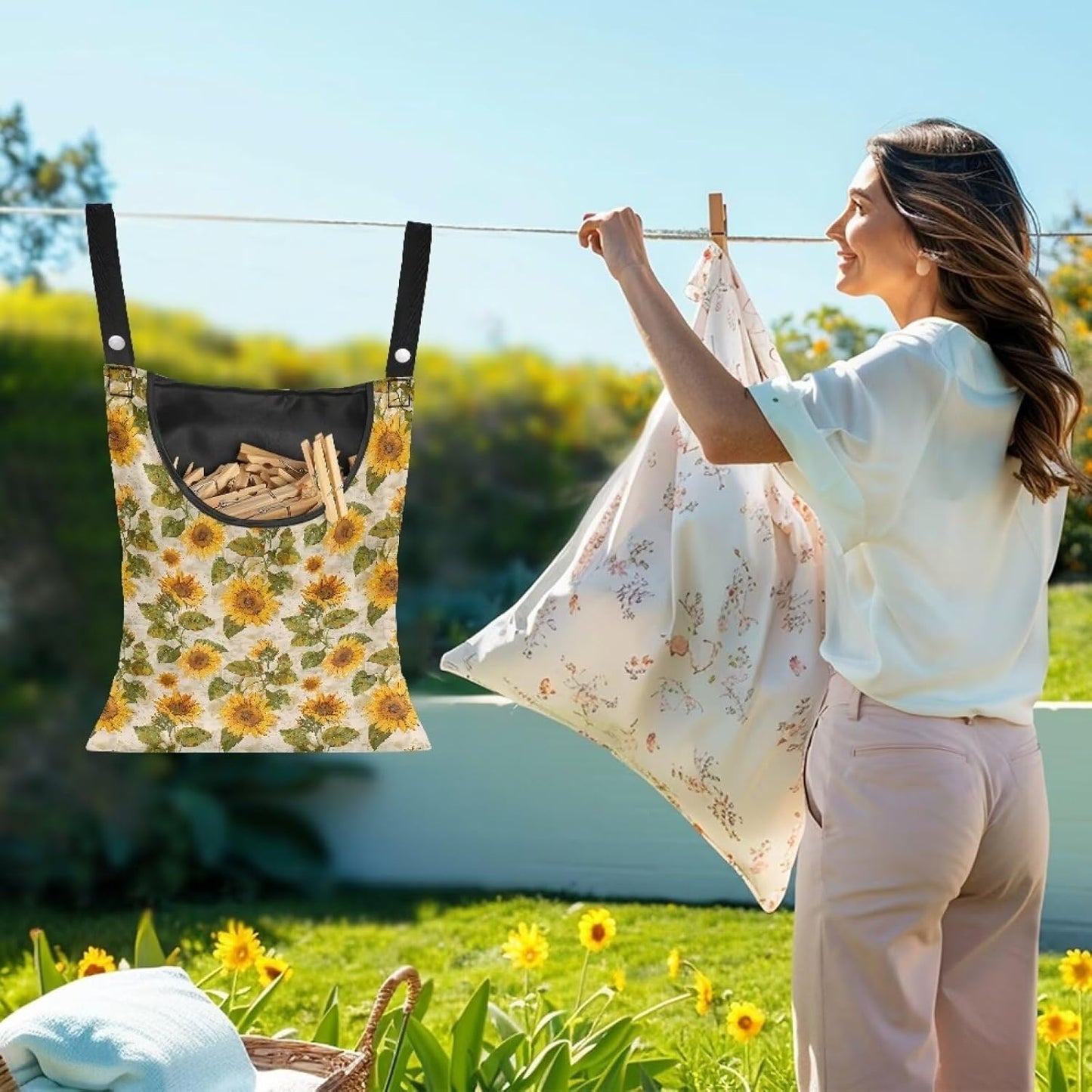 Sunflower Clothespin Organizer Bag with Hanging Hook Waterproof Clothes Pin Storage with Large Opening for Clothesline Outdoor